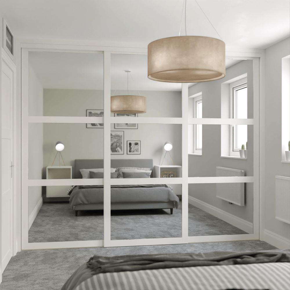 Shaker Sliding Wardrobe Door Kit 3 - Door Mirror White Steel Frame - Bedrooms Plus