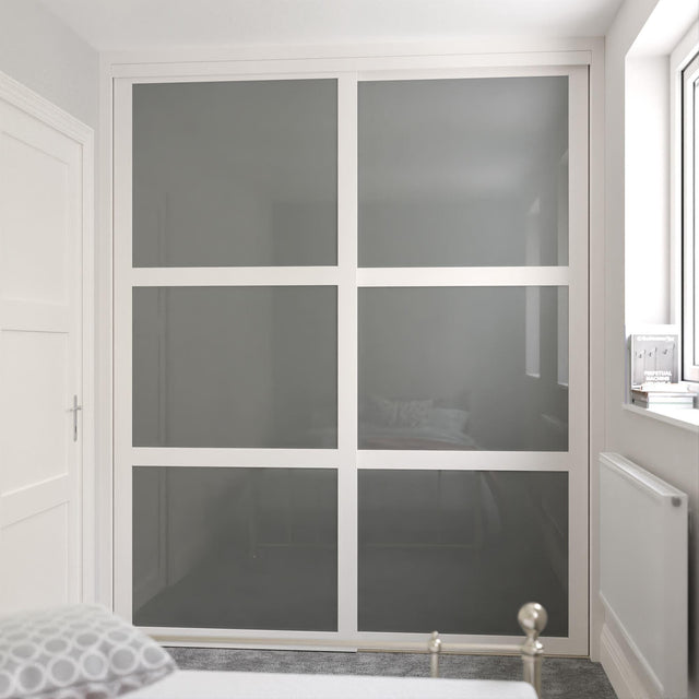 Shaker Sliding Wardrobe Door Kit Grey Glass 2 - Door White Frame - Bedrooms Plus
