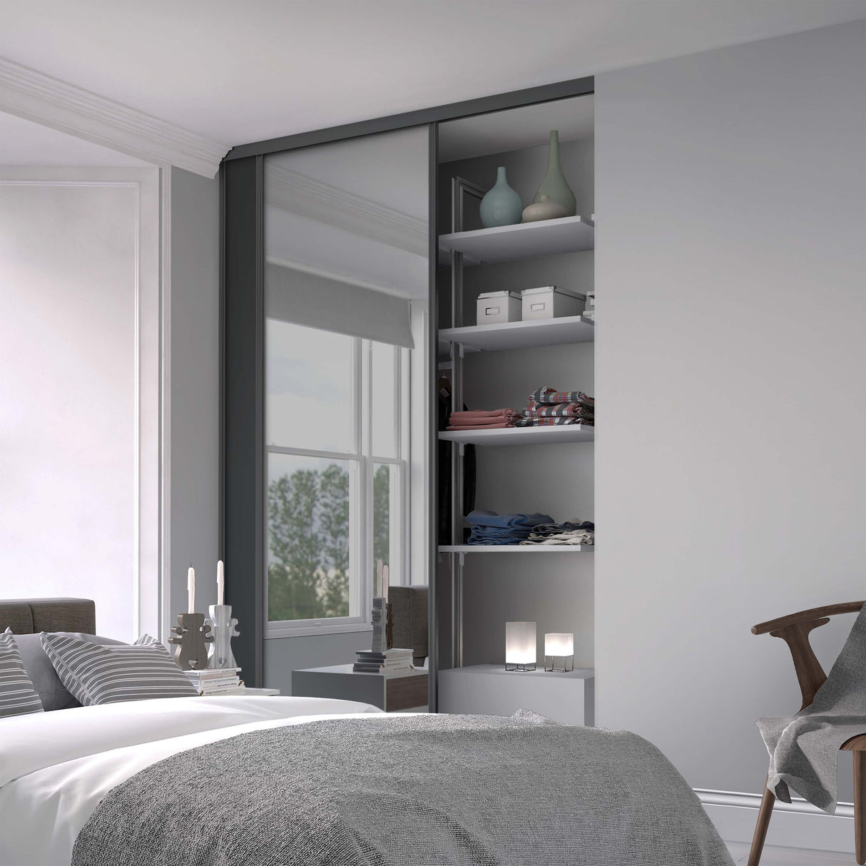 Spacepro Classic 2 Door sliding wardrobe Kit Graphite frame 1 x Panel 1 x Mirror (w)1185mm - Bedrooms Plus