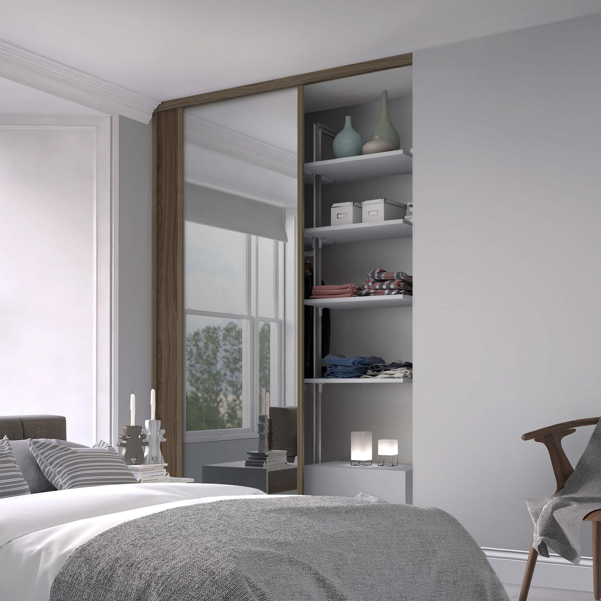 Spacepro Classic 2 Door sliding wardrobe Kit Walnut frame 1 x Panel 1 x Mirror (w)1793mm - Bedrooms Plus