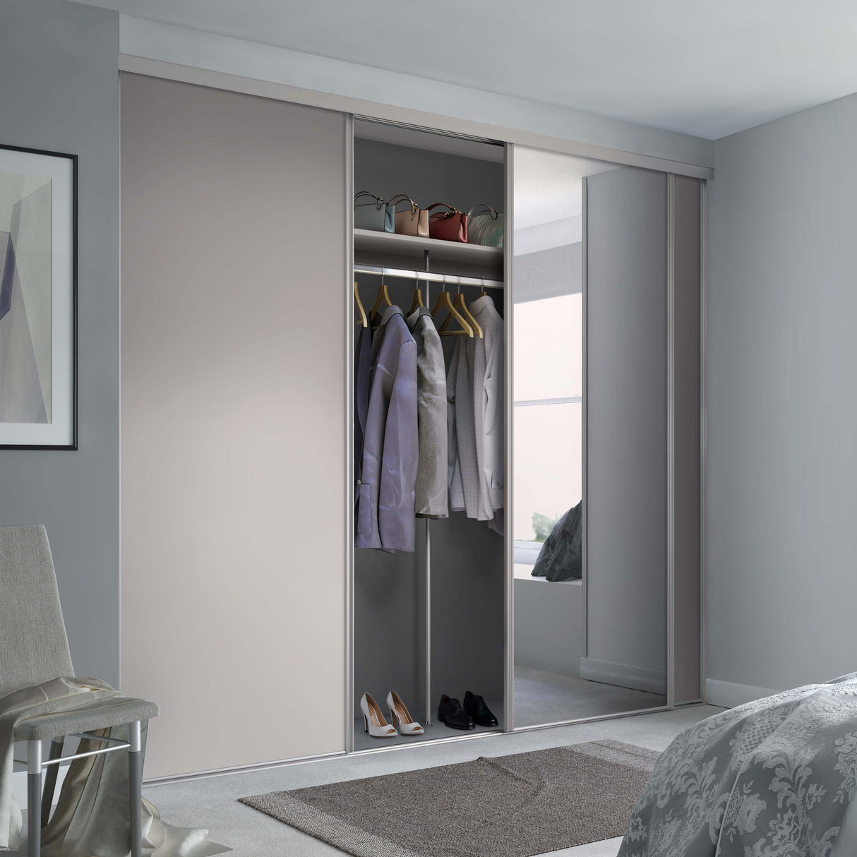 Spacepro Classic 3 Door sliding wardrobe Kit Cashmere frame 2 x Panel 1 x Mirror (w)2216mm - Bedrooms Plus