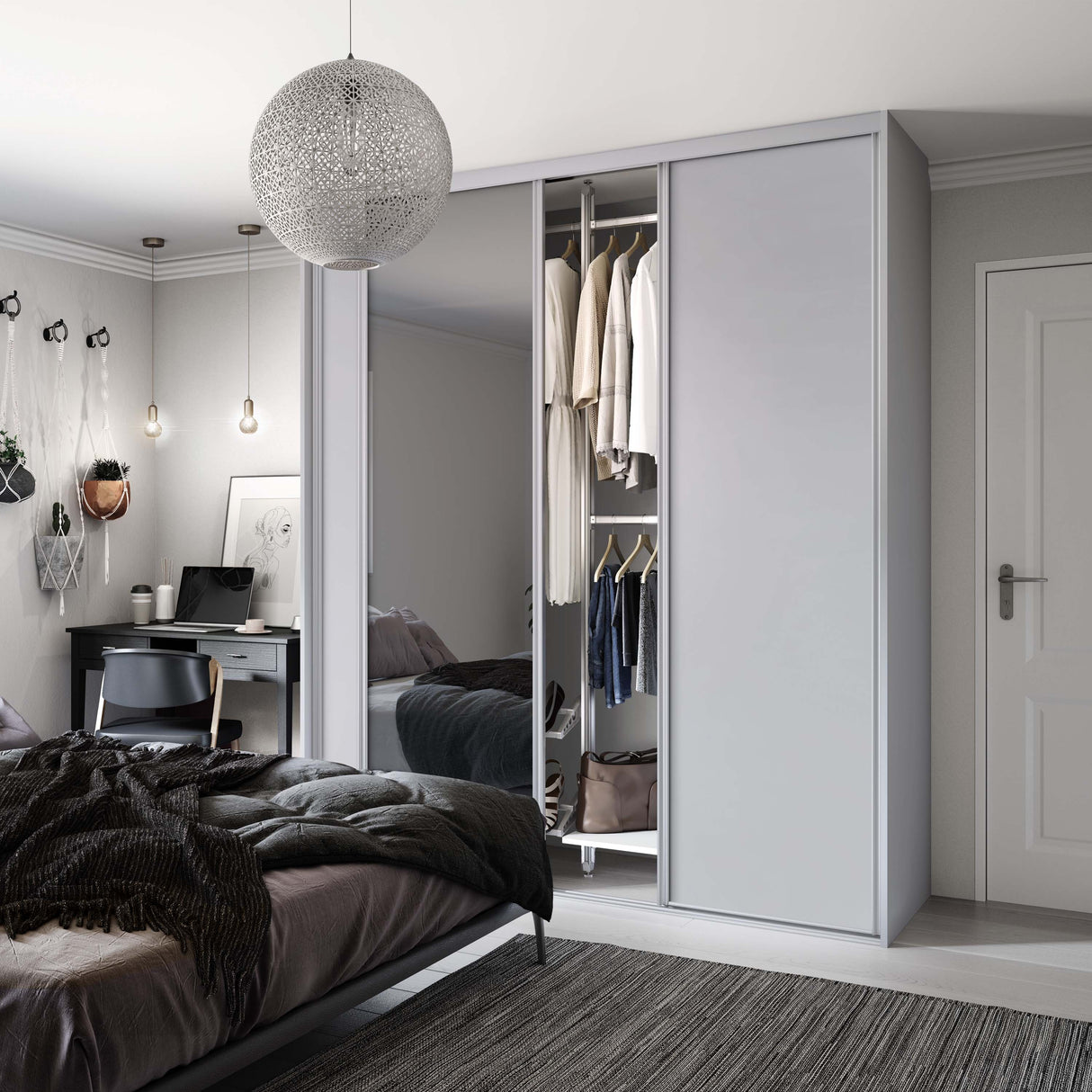 Spacepro Classic 3 Door sliding wardrobe Kit Dove Grey frame 2 x Panel 1 x Mirror (w)2672mm - Bedrooms Plus