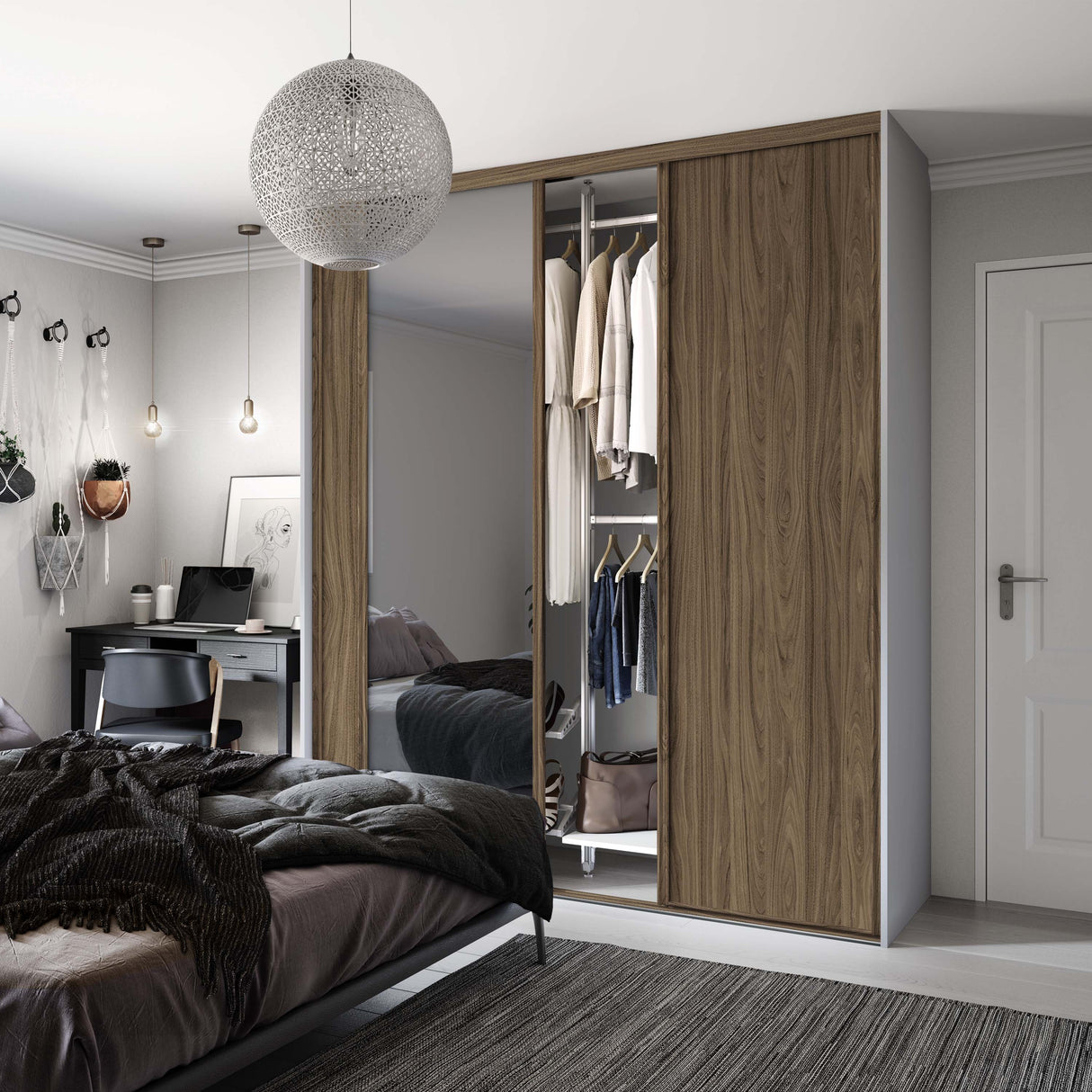 Spacepro Classic 3 Door sliding wardrobe Kit Walnut frame 2 x Panel 1 x Mirror (w)1760mm - Bedrooms Plus