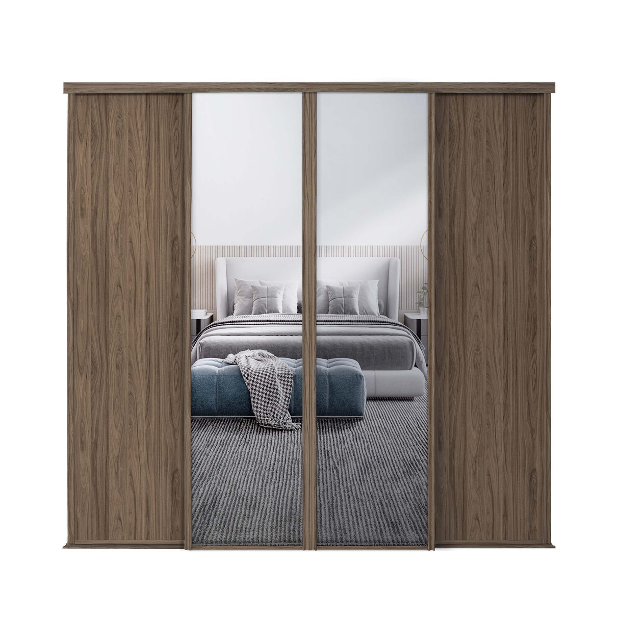 Spacepro Classic 4 Door sliding wardrobe Kit Walnut frame 2 x Panel 2 x Mirror (w)2370mm - Bedrooms Plus