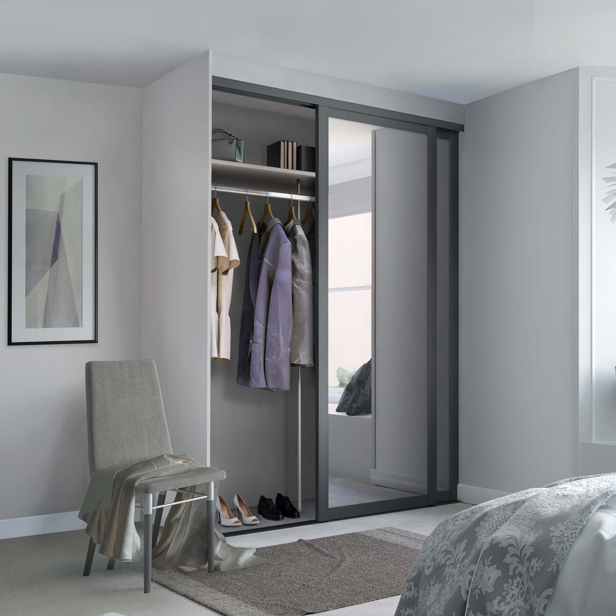 Spacepro Shaker 2 Door sliding wardrobe Kit Mirror Graphite frame (w)1449mm - Bedrooms Plus