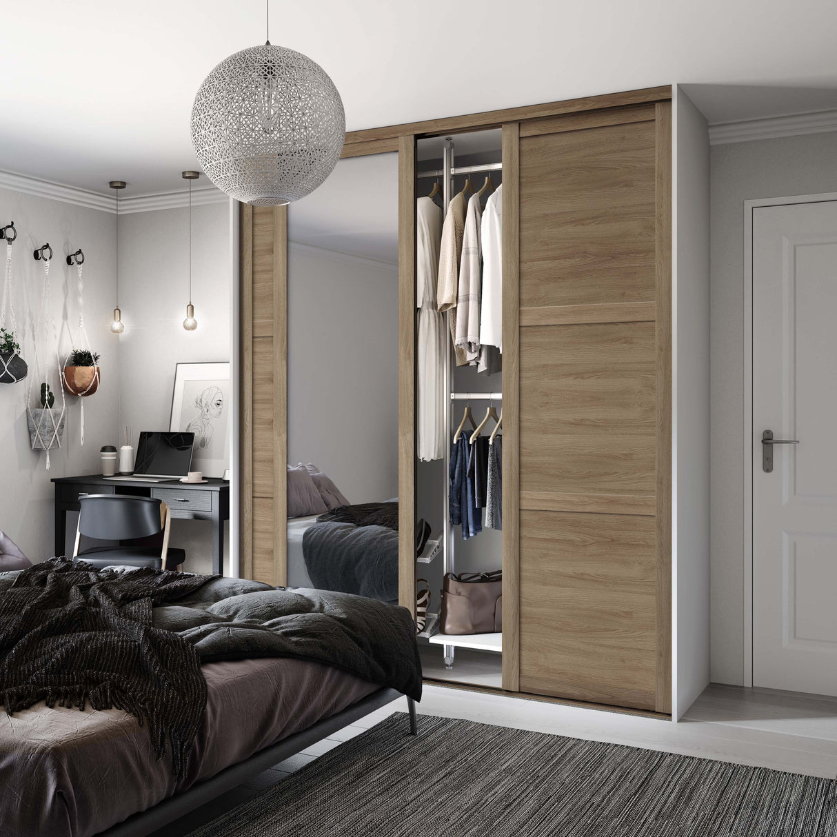 Spacepro Shaker 3 Door sliding wardrobe Kit Mirror Oak frame (w)2592mm - Bedrooms Plus