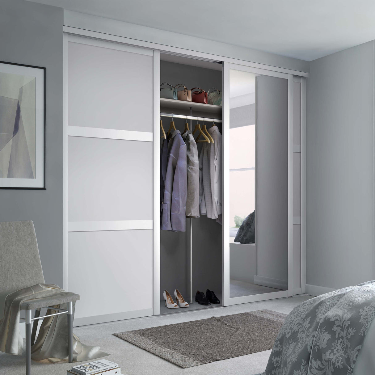 Spacepro Shaker 3 Door sliding wardrobe Kit Mirror White frame (w)2592mm - Bedrooms Plus