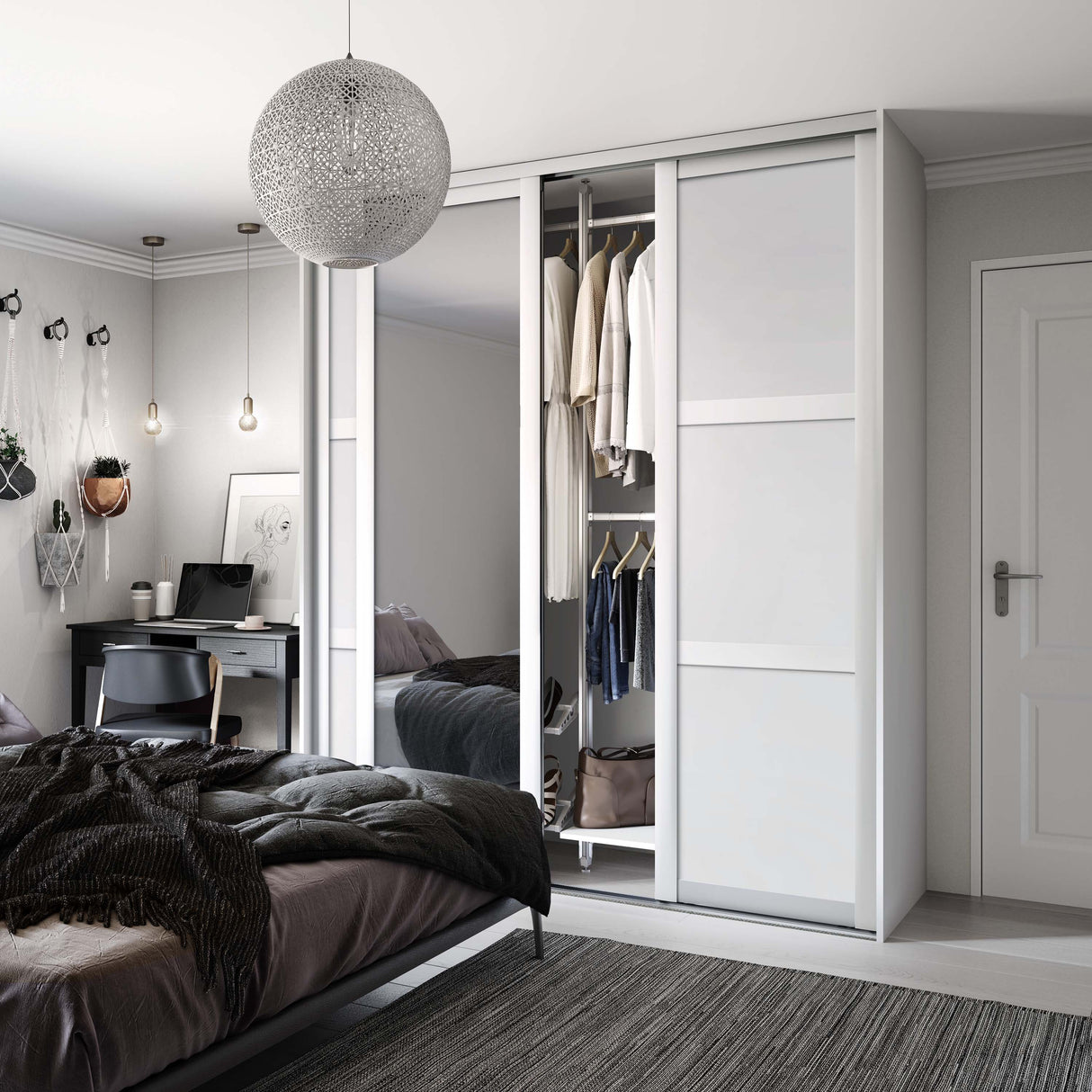 Spacepro Shaker 3 Door sliding wardrobe Kit Mirror White frame (w)2592mm - Bedrooms Plus