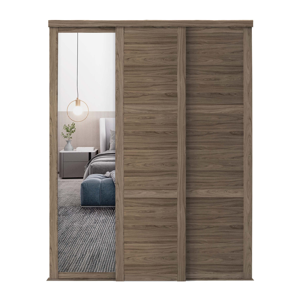 Spacepro Shaker 3 Door sliding wardrobe Kit Walnut frame 2 x Panel 1 x Mirror (w)2136mm - Bedrooms Plus