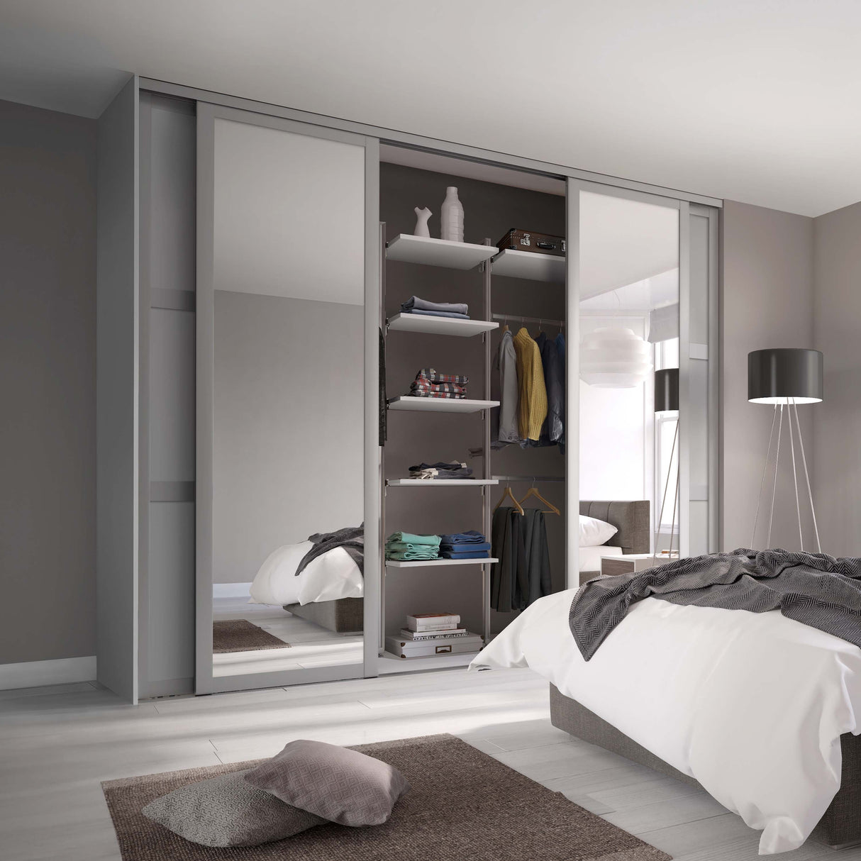 Spacepro Shaker 4 door Dove Grey sliding wardrobe kit with 2 Panel and 2 Mirror 3506mm - Bedrooms Plus