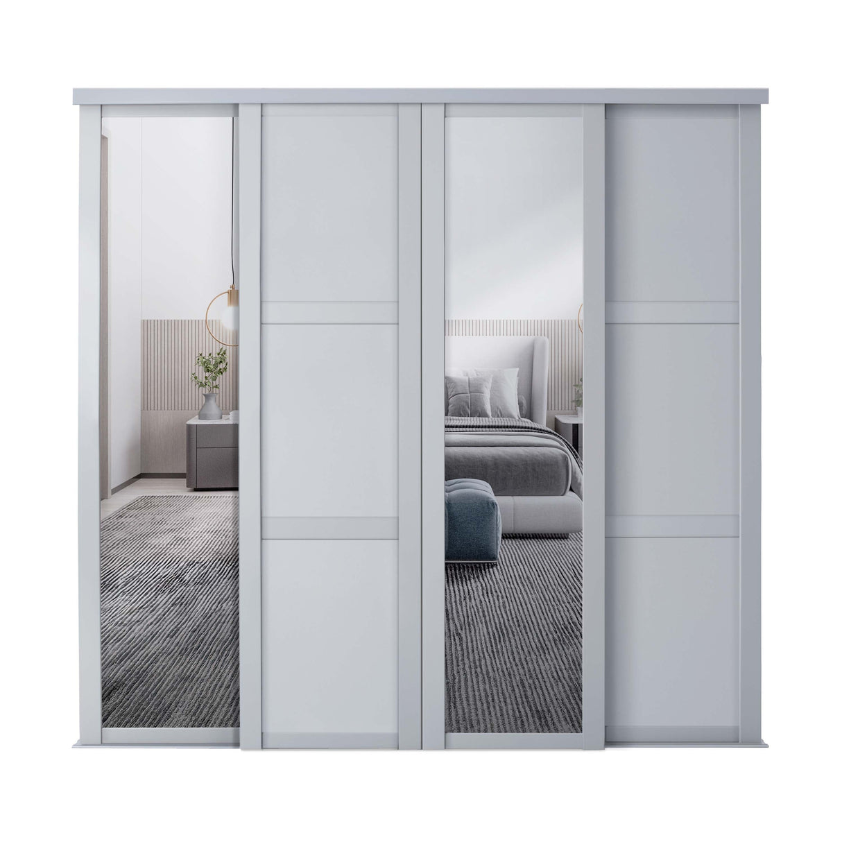 Spacepro Shaker 4 door Dove Grey sliding wardrobe kit with 2 Panel and 2 Mirror 3506mm - Bedrooms Plus