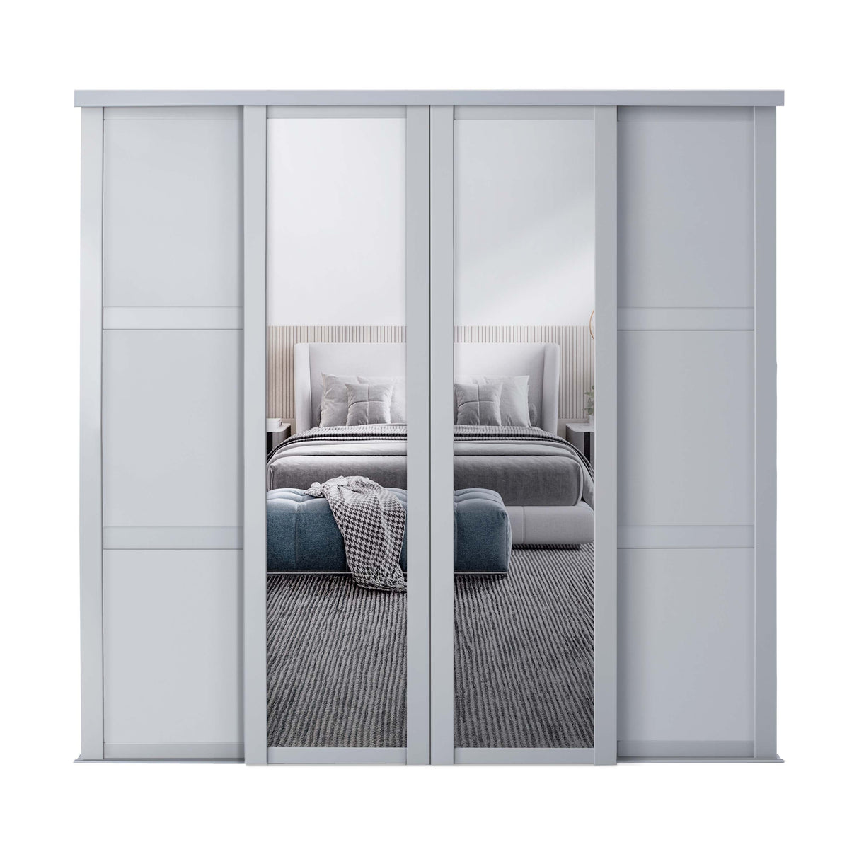 Spacepro Shaker 4 door Dove Grey sliding wardrobe kit with 2 Panel and 2 Mirror 3506mm - Bedrooms Plus