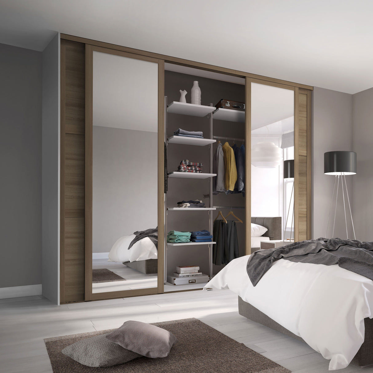 Spacepro Shaker 4 Door sliding wardrobe Kit Mirror Oak frame (w)2898mm - Bedrooms Plus
