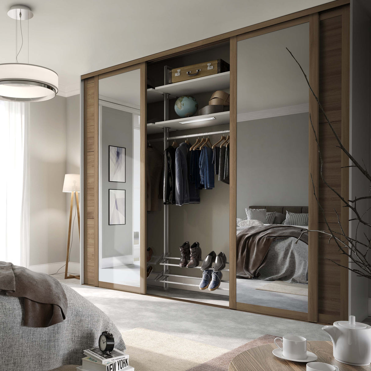 Spacepro Shaker 4 Door sliding wardrobe Kit Mirror Oak frame (w)3506mm - Bedrooms Plus