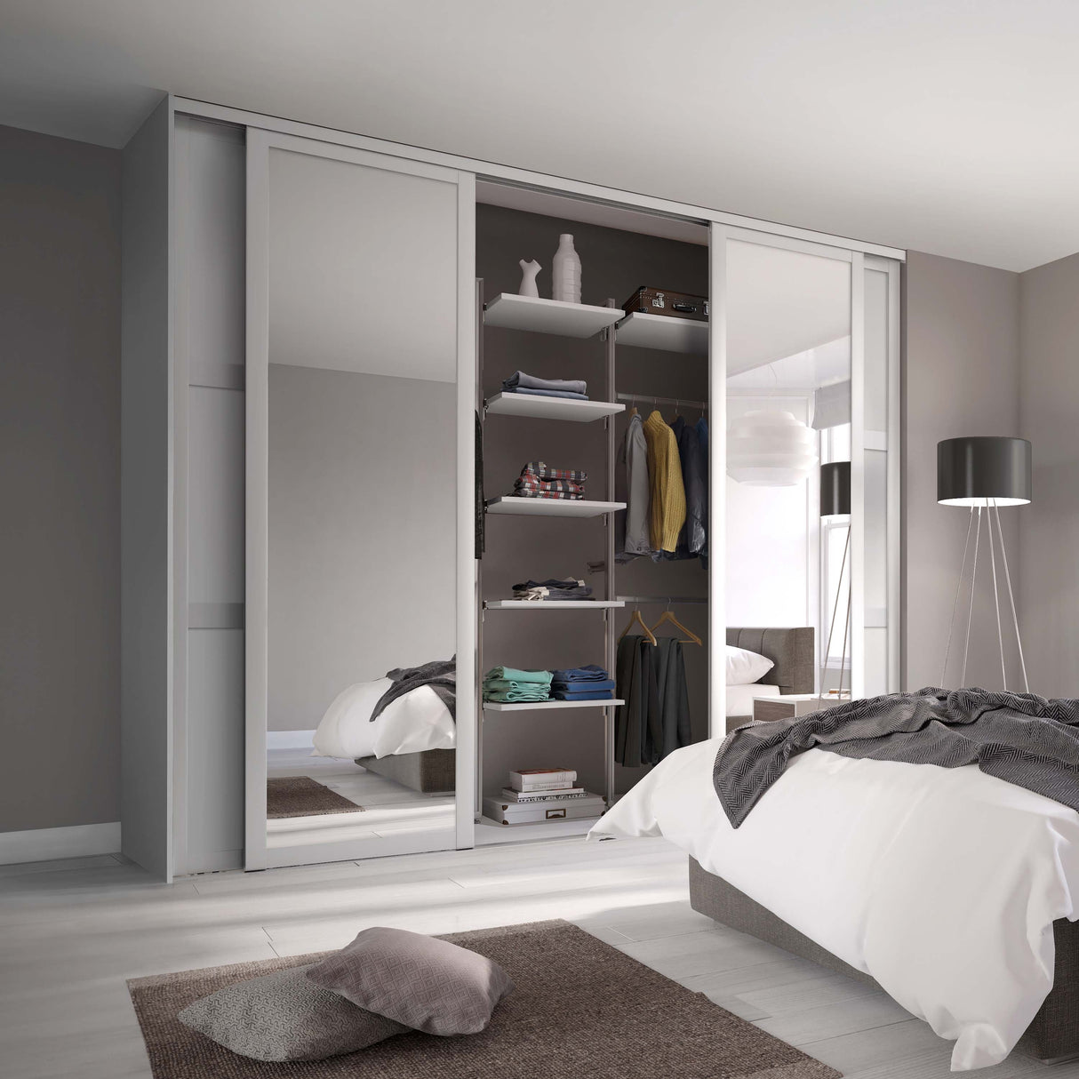 Spacepro Shaker 4 Door sliding wardrobe Kit Mirror White frame (w)2290mm - Bedrooms Plus