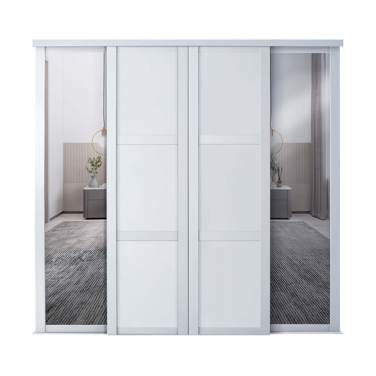 Spacepro Shaker 4 Door sliding wardrobe Kit Mirror White frame (w)2290mm - Bedrooms Plus
