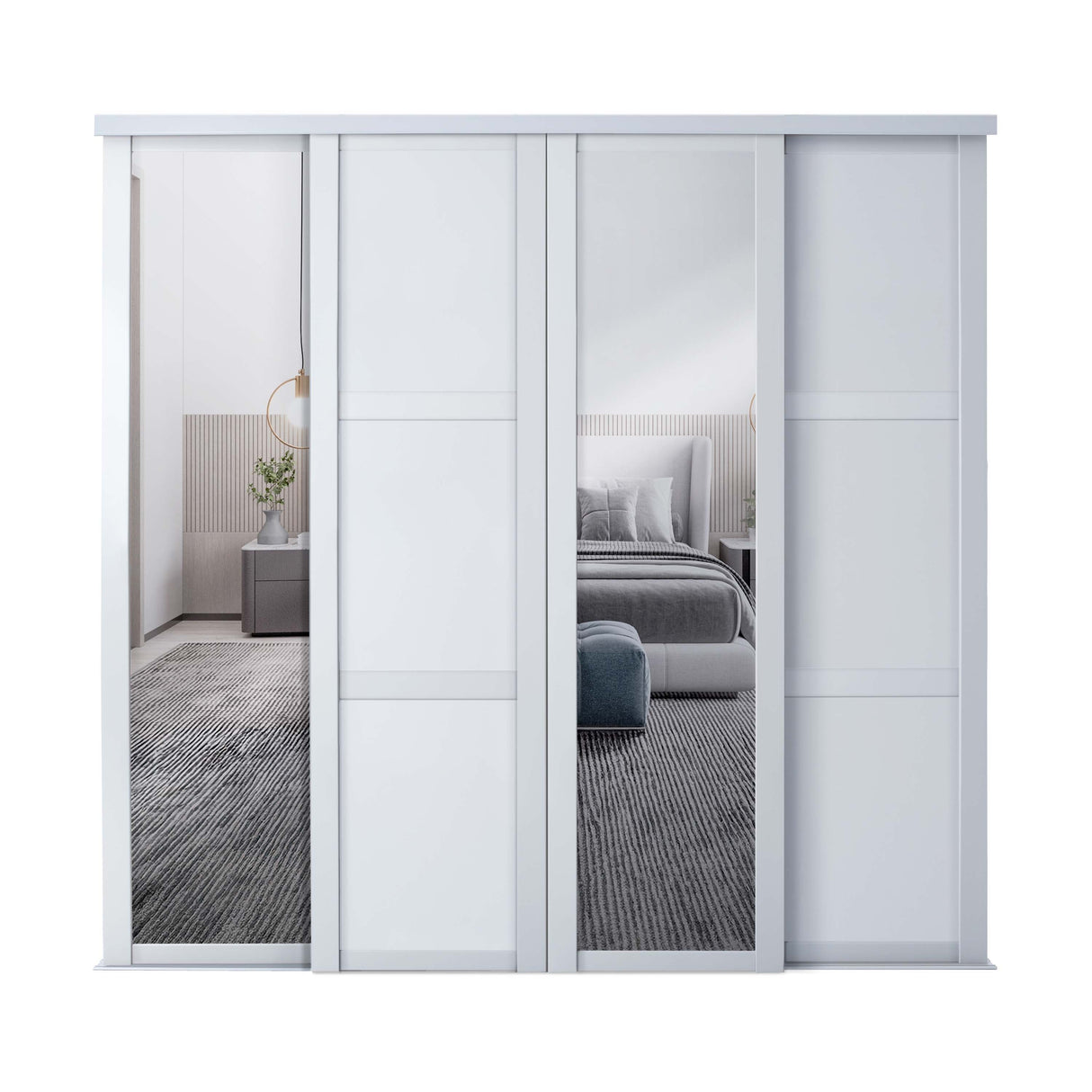 Spacepro Shaker 4 Door sliding wardrobe Kit Mirror White frame (w)3506mm - Bedrooms Plus