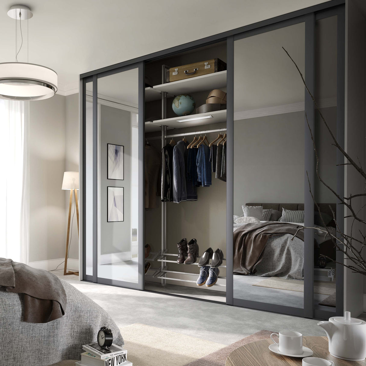 Spacepro Shaker 4 Door sliding wardrobe Kit Mirror with Graphite frame (w)3506mm - Bedrooms Plus