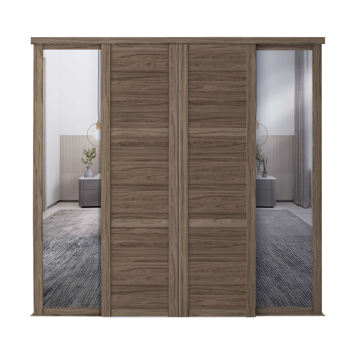 Spacepro Shaker 4 Door sliding wardrobe Kit Walnut 2 X Panel 2 x Mirror (w)3506mm - Bedrooms Plus