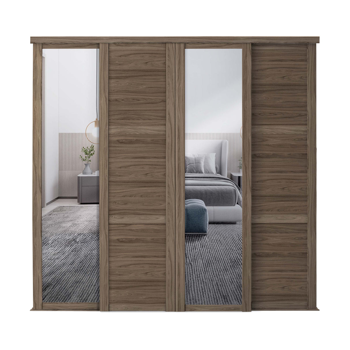 Spacepro Shaker 4 Door sliding wardrobe Kit Walnut frame 2 x Panel 2 x Mirror (w)2290mm - Bedrooms Plus