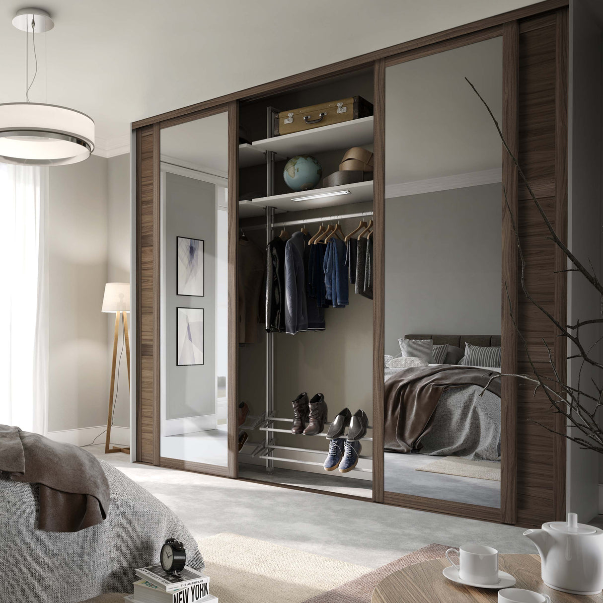 Spacepro Shaker 4 Door sliding wardrobe Kit Walnut frame 2 x Panel 2 x Mirror (w)2290mm - Bedrooms Plus