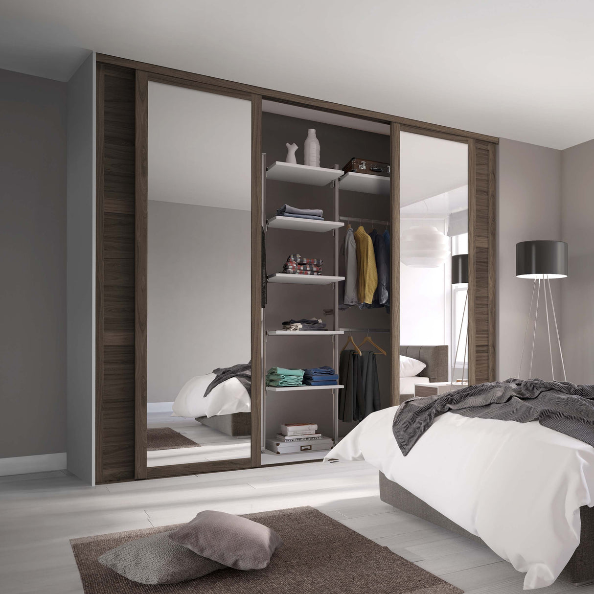 Spacepro Shaker 4 Door sliding wardrobe Kit Walnut frame 2 x Panel 2 x Mirror (w)2290mm - Bedrooms Plus