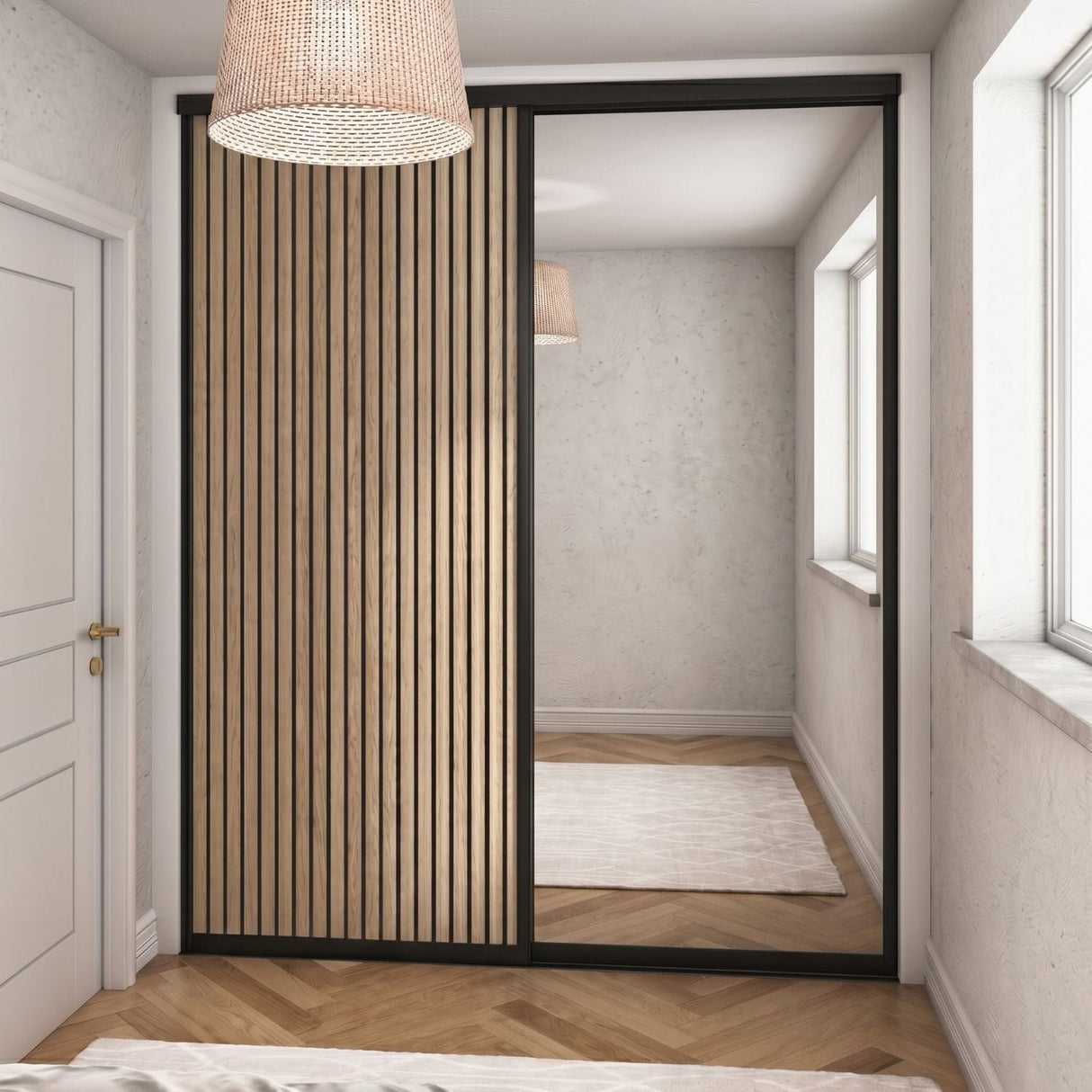 Supreme Matt Black Frame with Oak Acoustic Panel & Mirror Sliding Door Kit - 2 Doors - Bedrooms Plus