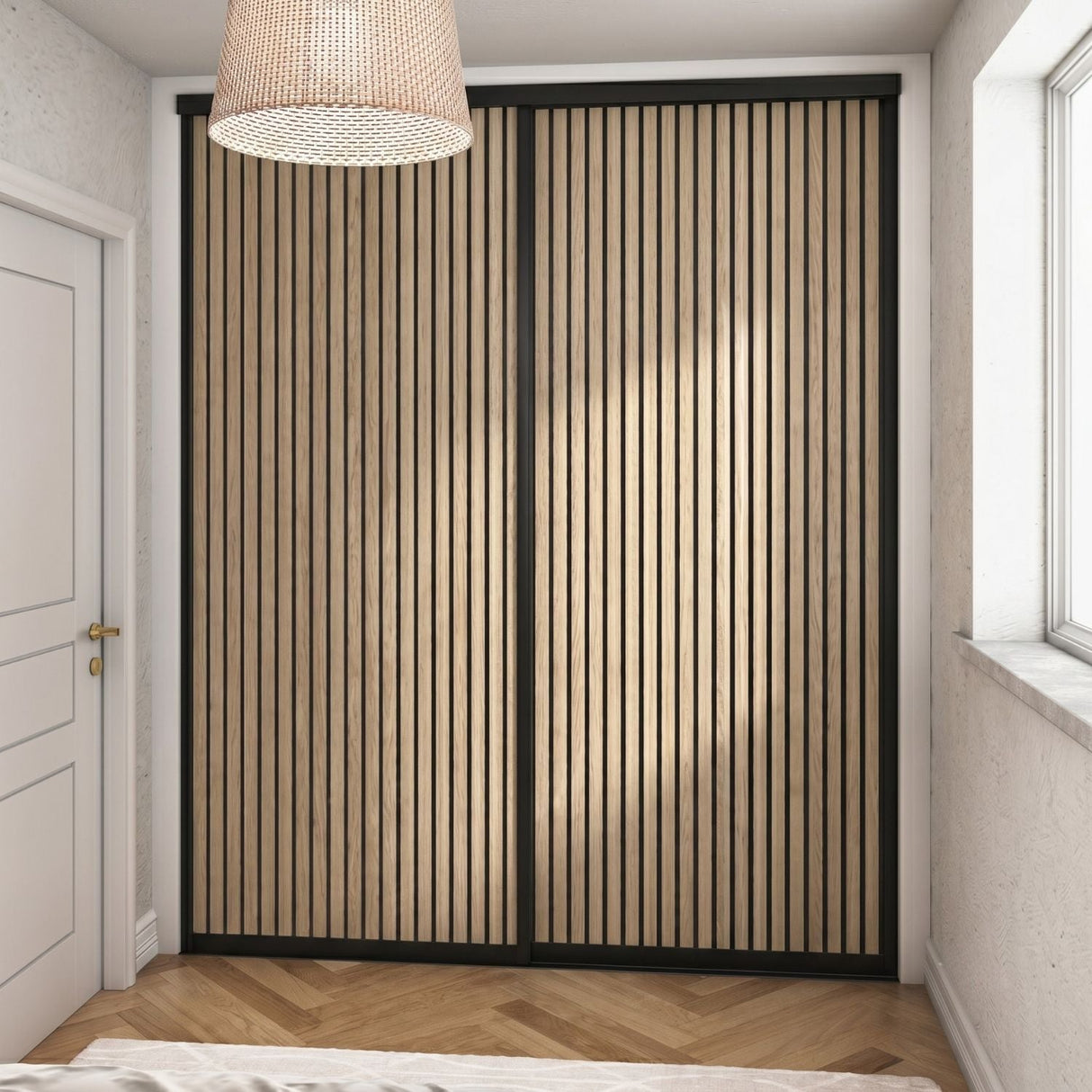 Supreme Matt Black Frame with Oak Acoustic Panel Sliding Door Kit - 2 Doors - Bedrooms Plus