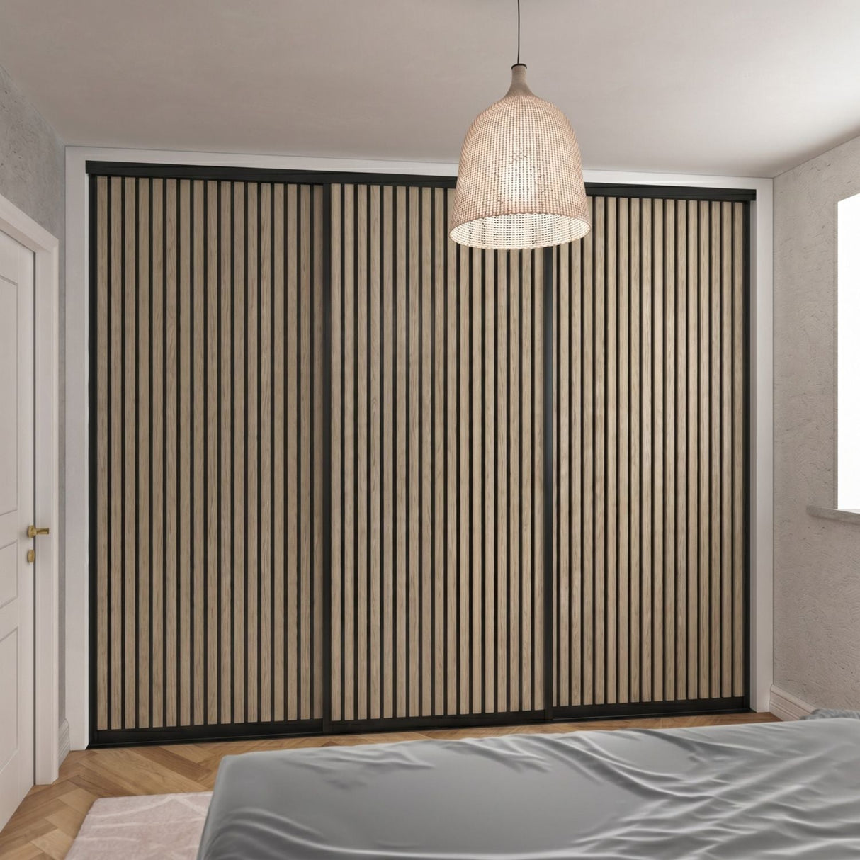 Supreme Matt Black Frame with Oak Acoustic Panel Sliding Door Kit - 3 Door - Bedrooms Plus