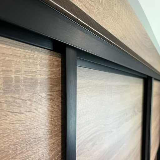 Brushed Black Curve Sliding Wardrobe Door Kit - 3 Door Verti & Full Panel Design - Mirror & Grey Bardolino Oak - Made To Measure
