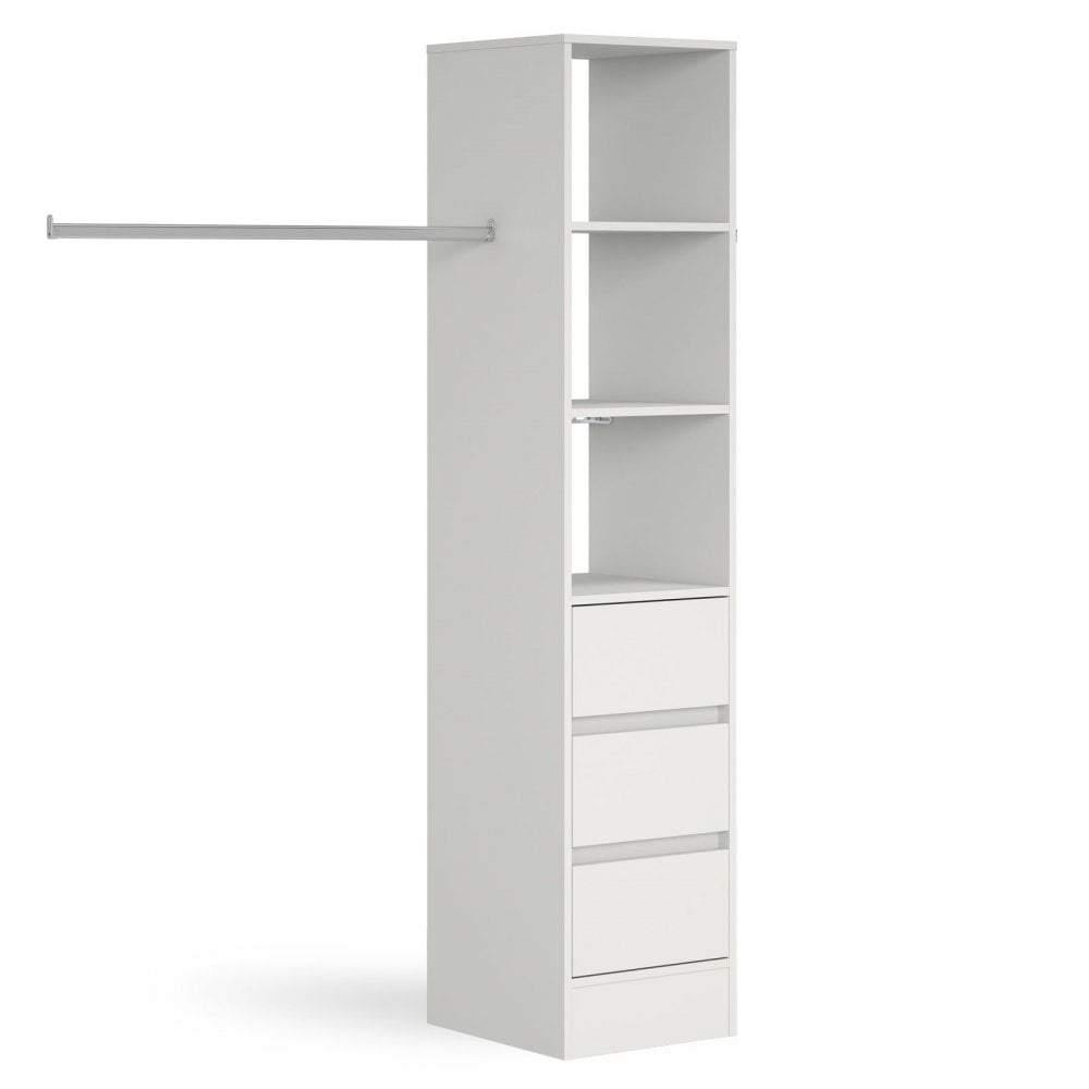 White 3 Drawer Wardrobe Shelving Unit with Hanging Bars - Bedrooms Plus