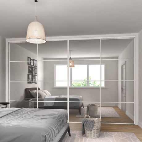 White Frame Heritage Sliding Door Wardrobe Kit - 4 Door 4 Panel Mirror - Made To Measure - Bedrooms Plus