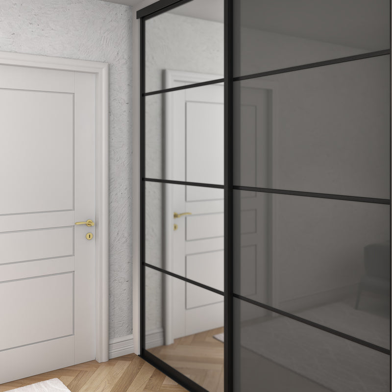 Brushed Black Curve Sliding Wardrobe Door Kit - 2 Door 4 Panel Mirror & Grey Metal Glass - Made To Measure - Bedrooms Plus