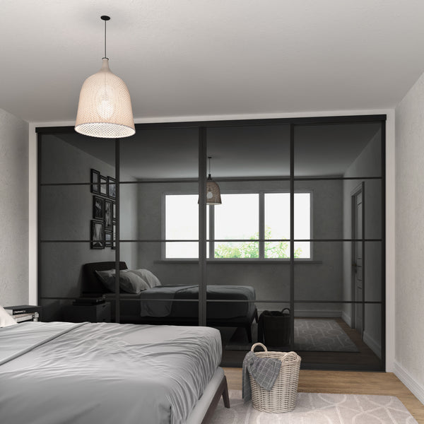 Brushed Black Curve Sliding Wardrobe Door Kit - 4 Door 4 Panel Grey Mirror - Made To Measure - Bedrooms Plus