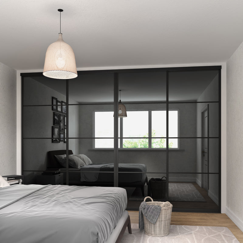 Brushed Black Curve Sliding Wardrobe Door Kit - 4 Door 4 Panel Grey Mirror - Made To Measure - Bedrooms Plus
