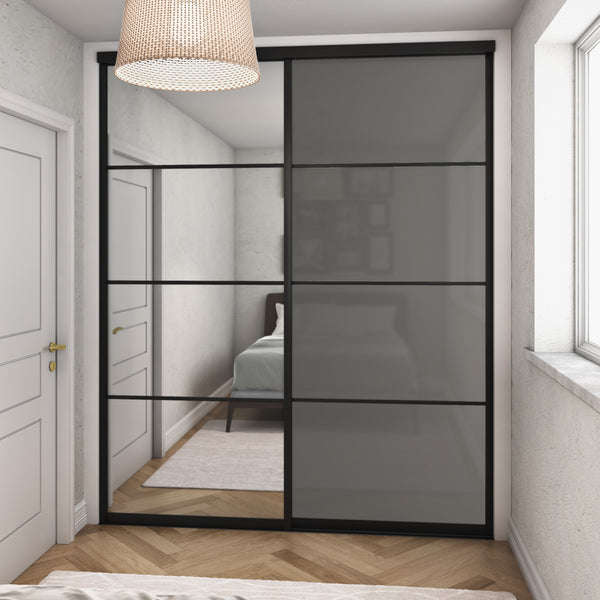 Brushed Black Curve Sliding Wardrobe Door Kit - 2 Door 4 Panel Mirror & Grey Metal Glass - Made To Measure - Bedrooms Plus