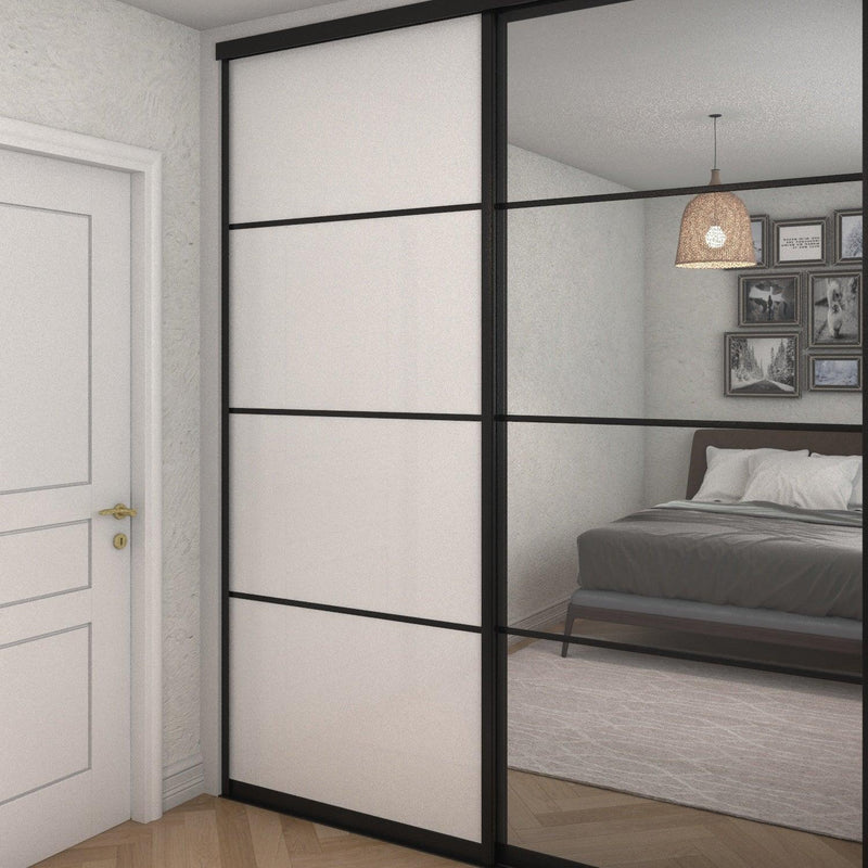 Brushed Black Curve Sliding Wardrobe Door Kit - 2 Door 4 Panel Pure White Glass & Mirror - Made To Measure - Bedrooms Plus