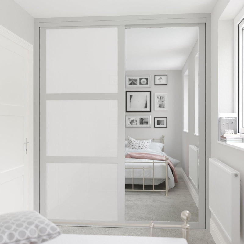 Light Grey Shaker Sliding Wardrobe Door Kit - 2 Door Mirror & Pure White Glass - Made To Measure - Bedrooms Plus