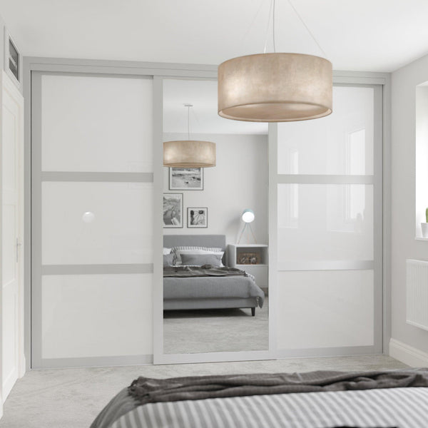 Light Grey Shaker Sliding Wardrobe Door Kit - 3 Door Mirror & Pure White Glass - Made To Measure - Bedrooms Plus