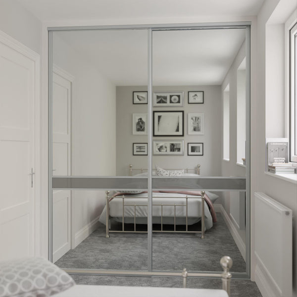 Satin Silver Curve Sliding Wardrobe Door Kit - 2 Door Mirror & Grey Metal Glass - Made To Measure - Bedrooms Plus
