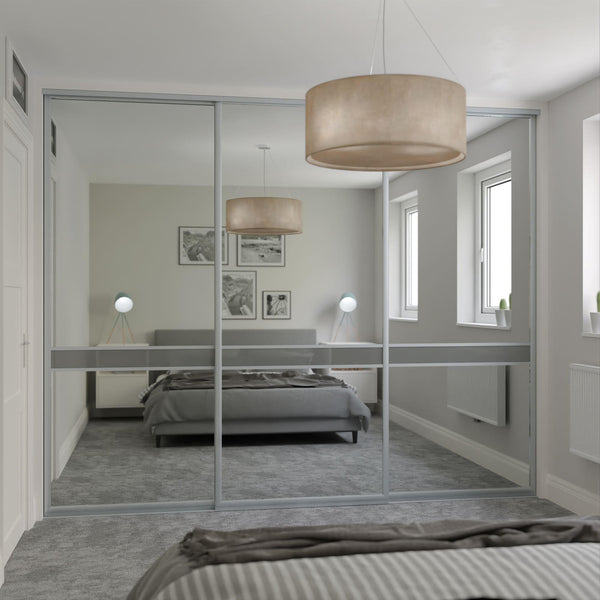 Satin Silver Curve Sliding Wardrobe Door Kit - 3 Door Mirror & Grey Metal Glass - Made To Measure - Bedrooms Plus