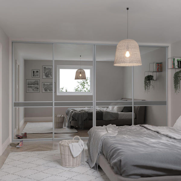 Satin Silver Curve Sliding Wardrobe Door Kit - 4 Door Mirror & Grey Metal Glass - Made To Measure - Bedrooms Plus