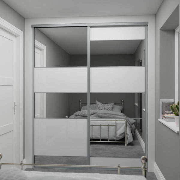 Silver Frame Sliding Wardrobe Door Kit - Multi-panel Pure White & Mirror Made to Measure - Heritage 2 Doors - Bedrooms Plus