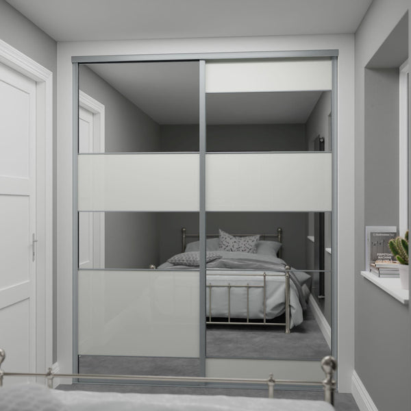 Silver Frame Sliding Wardrobe Door Kit - Multi-panel Soft White & Mirror Made to Measure - Heritage 2 Doors - Bedrooms Plus