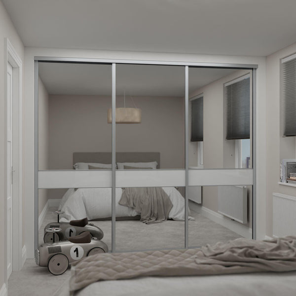 Silver Frame Heritage Sliding Wardrobe Door Kit - 3 Doors - 3 Panels Mirror & Pure White Glass - Made To Measure - Bedrooms Plus