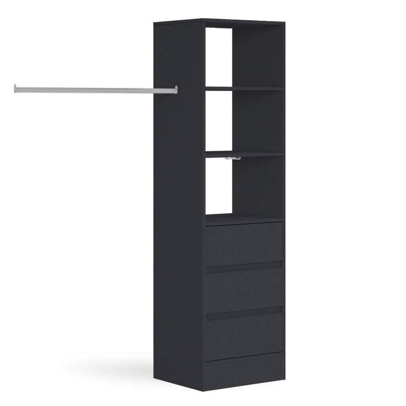 Black Deluxe 3 Drawer Soft Close Tower Shelving Unit with Hanging Bars - Bedrooms Plus