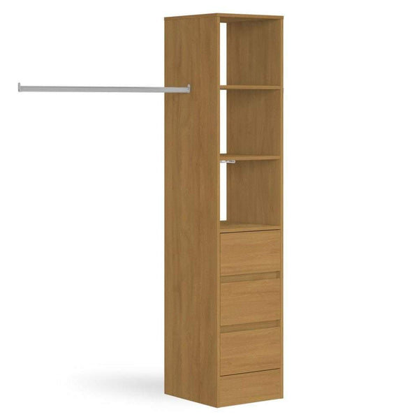 Oak Deluxe 3 Drawer Soft Close Tower Shelving Unit with Hanging Bars - Bedrooms Plus