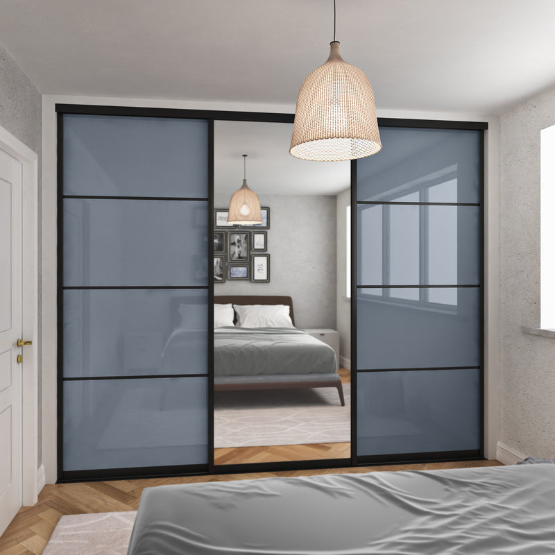 Brushed Black Curve Sliding Wardrobe Door Kit - 3 Doors Mirror & Blue Shadow Glass - Made To Measure
