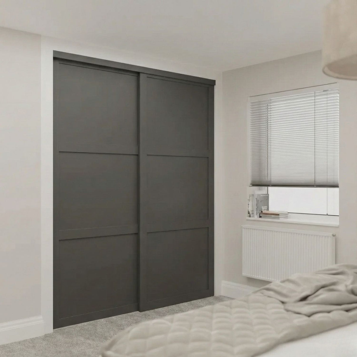 Kit de puerta de armario corrediza Shaker blanca - 2 puertas y 3 paneles de madera blanca - Hecho a medida