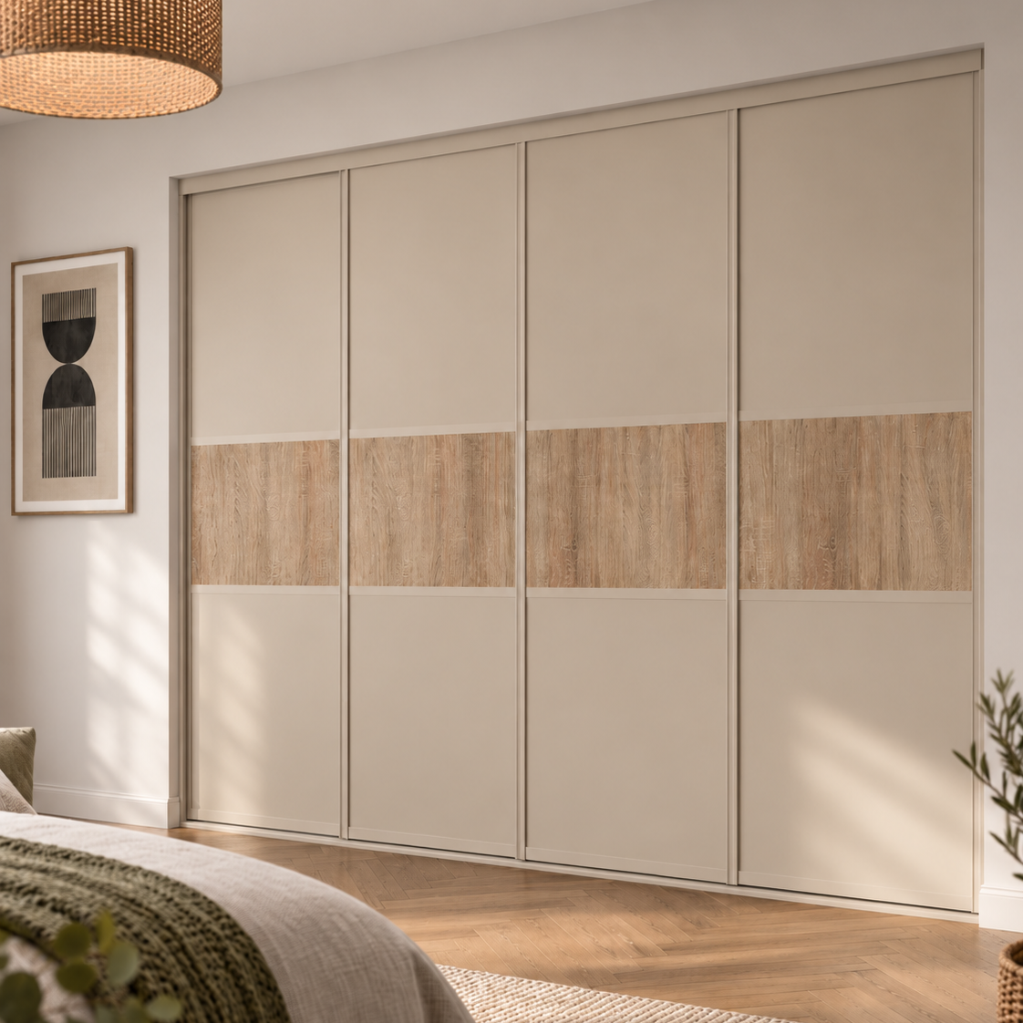 Supreme Cashmere 4-Door Sliding Wardrobe Door Kit - Cashmere Frame, 3 Panel Cashmere & Grey Bardolino Oak